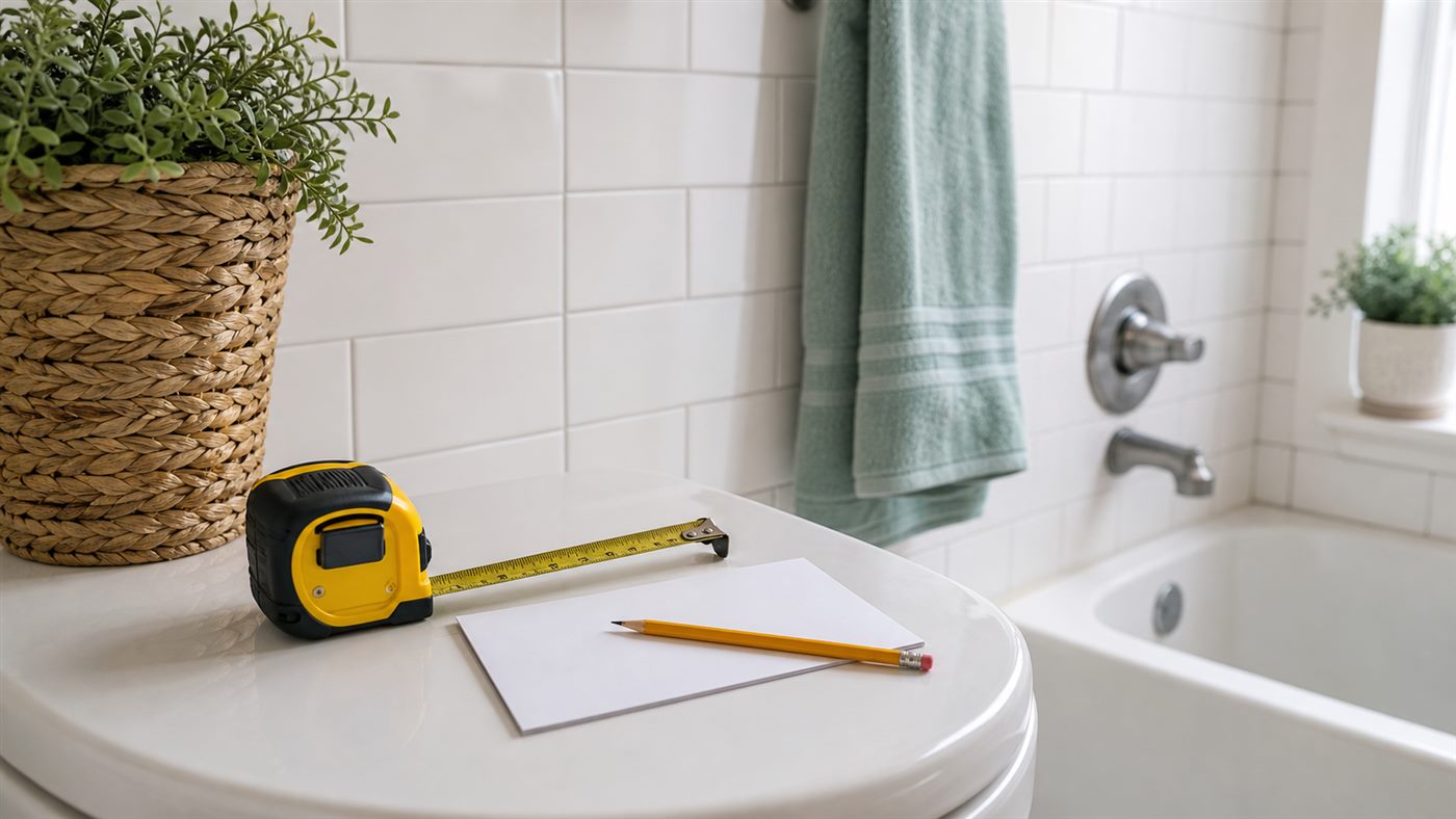 Bathroom safety planning scene with tape measure, pencil, and blank note card near a tub