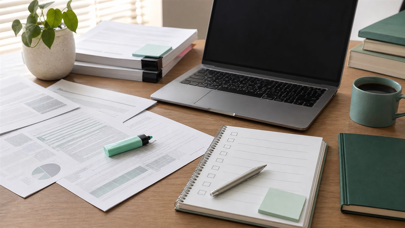 Editorial review workspace with source printouts, checklist, laptop, and highlighter