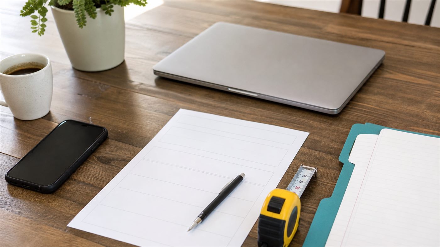 Project request workspace with blank form, tape measure, pen, and closed laptop