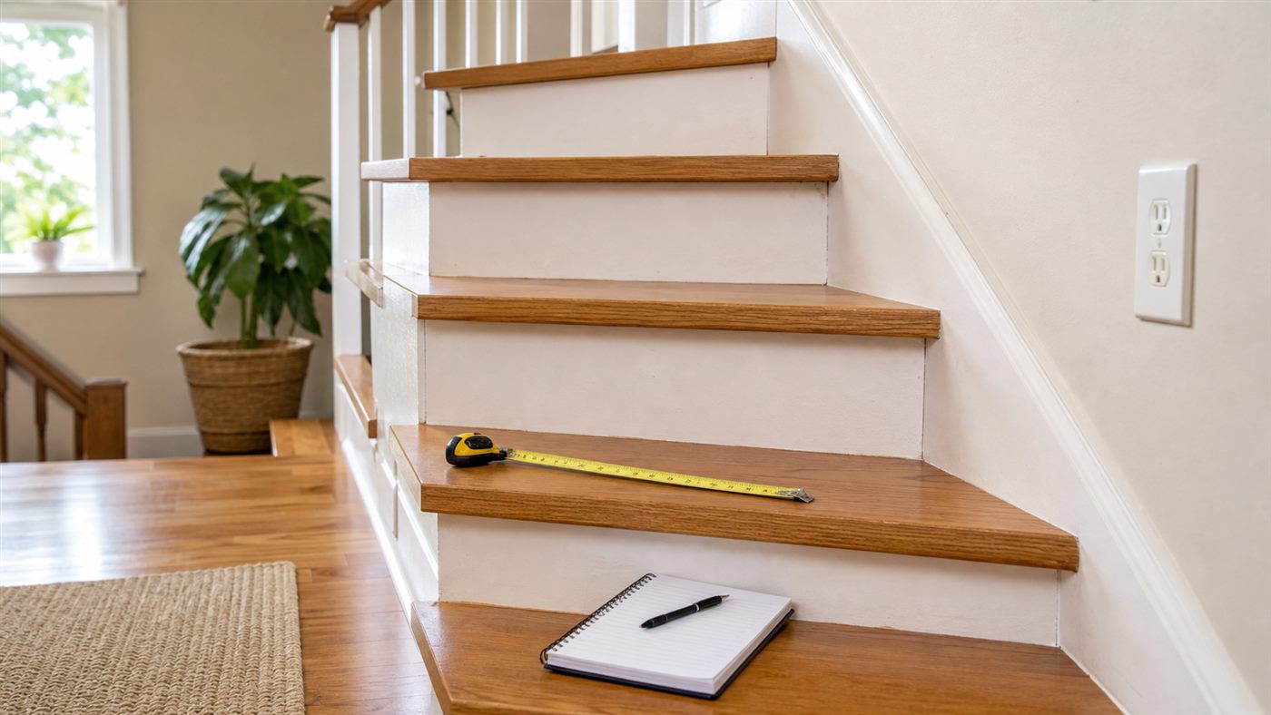 Residential staircase with tape measure and notebook ready for stairlift planning